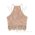 Sleeveless Hollow Out Lace Embroidery Crop Vest